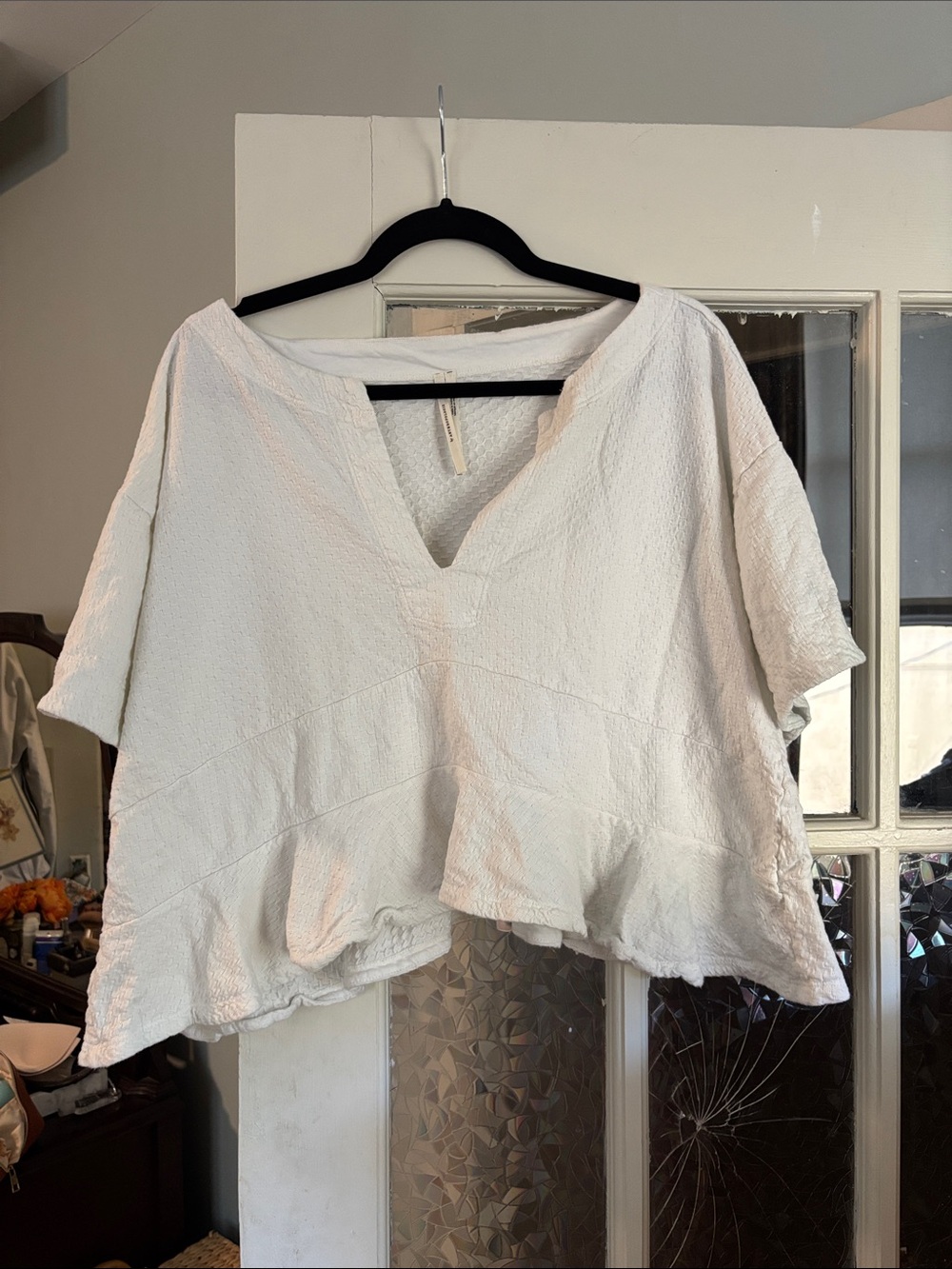 Anthropologie White Textured Split Neck Peplum Top